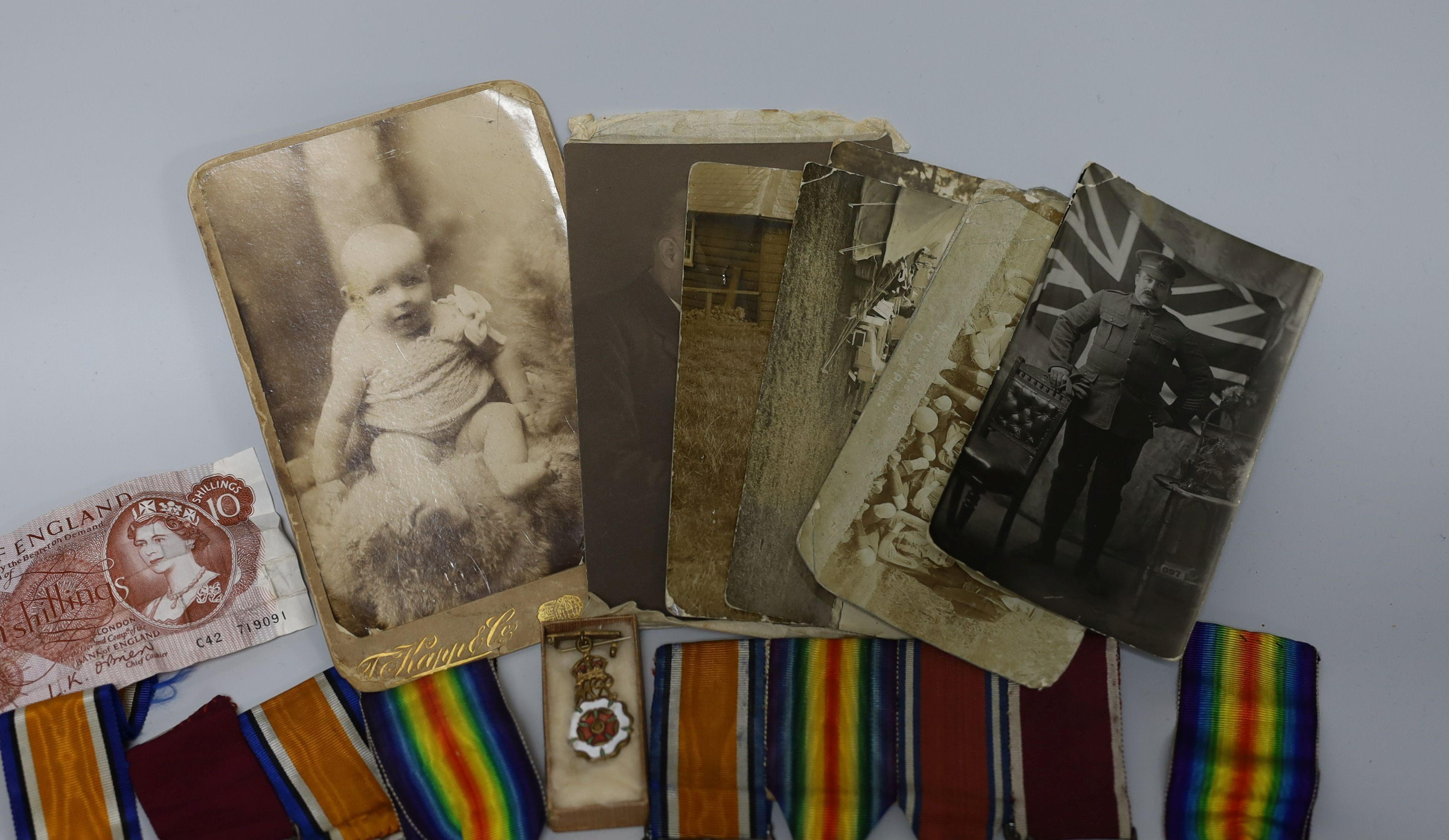 An India campaign medal and a long service and good conduct medal both awarded to 4838 PTE W.J. MORRIS 2D BN RYL SUSS REGT, a British war medal awarded to 34910 PTE. W. T. MORRIS. BEDF. R. a Palestine general service med